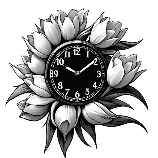 clock with tulips as the numbers in the clock face tattoo design idea