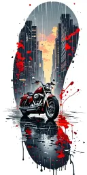 Rainy Cityscape with a harley motorcycle, sunset, clouds tattoo design idea