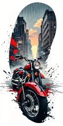Rainy Cityscape with a harley motorcycle, sunset, clouds tattoo design idea