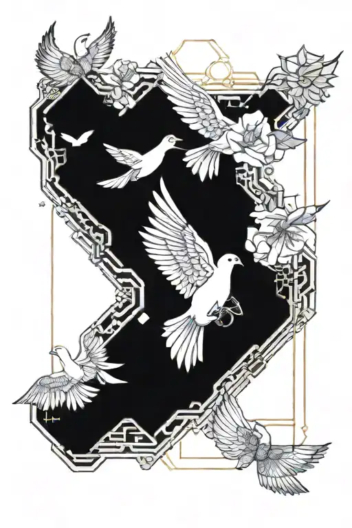 Japanese flowers with doves flying tattoo design idea