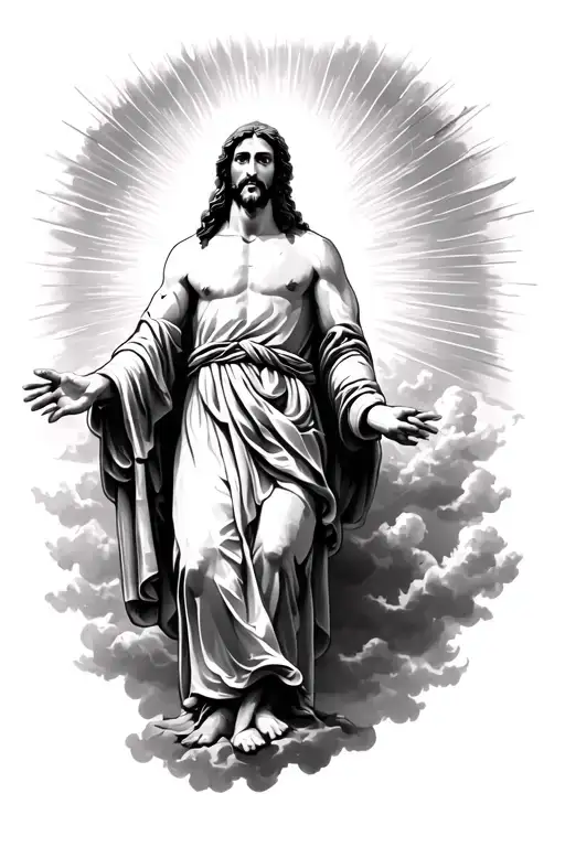 realistic Jesus Christ with clouds and sun rays background tattoo design idea