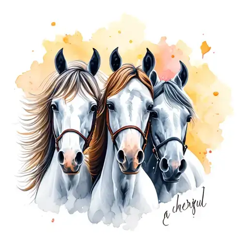 create me small tatto with just a text with nice fond"A cheerful trio of horsewoman" with some horseshoe no horses no no tattoo design idea