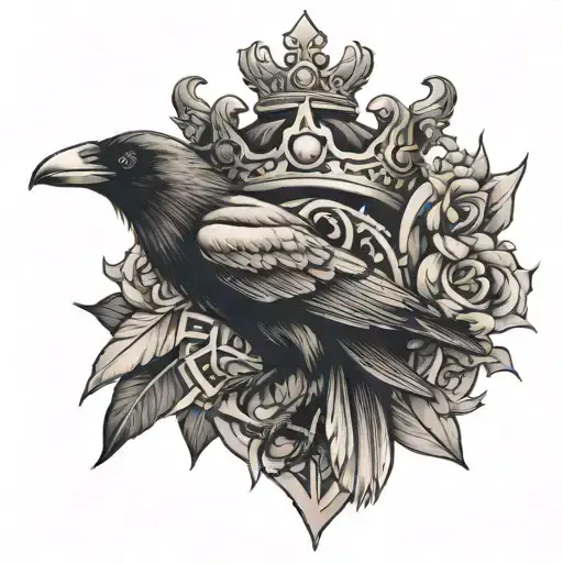 crow and a king's crown with Japanese letters tattoo design idea