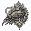 crow and a king's crown with Japanese letters tattoo design idea