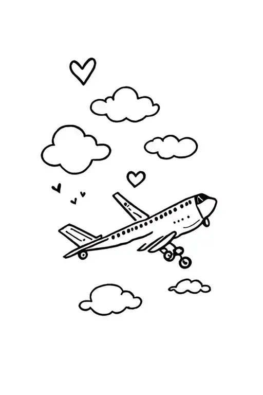 Airplane, clouds, heart and a little playful. Fine lines tattoo design idea