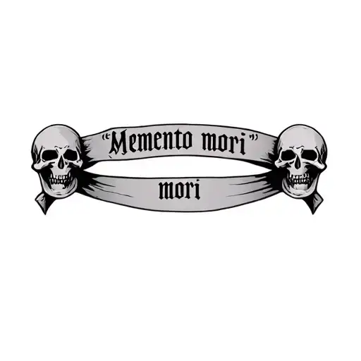 "Memento mori" banderoll with 2 skulls on the sides tattoo design idea