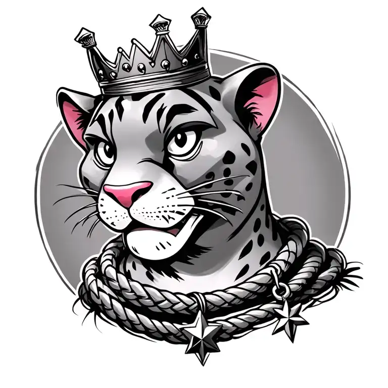 pink panther with a crown on his head and a thick rope necklace with a 6 point star charm  around his neck  tattoo design idea