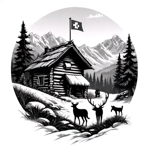 Großglockner, forest, dog and family, deer, with a wooden hut with a Austrian flag on the roof, realistic tattoo design idea