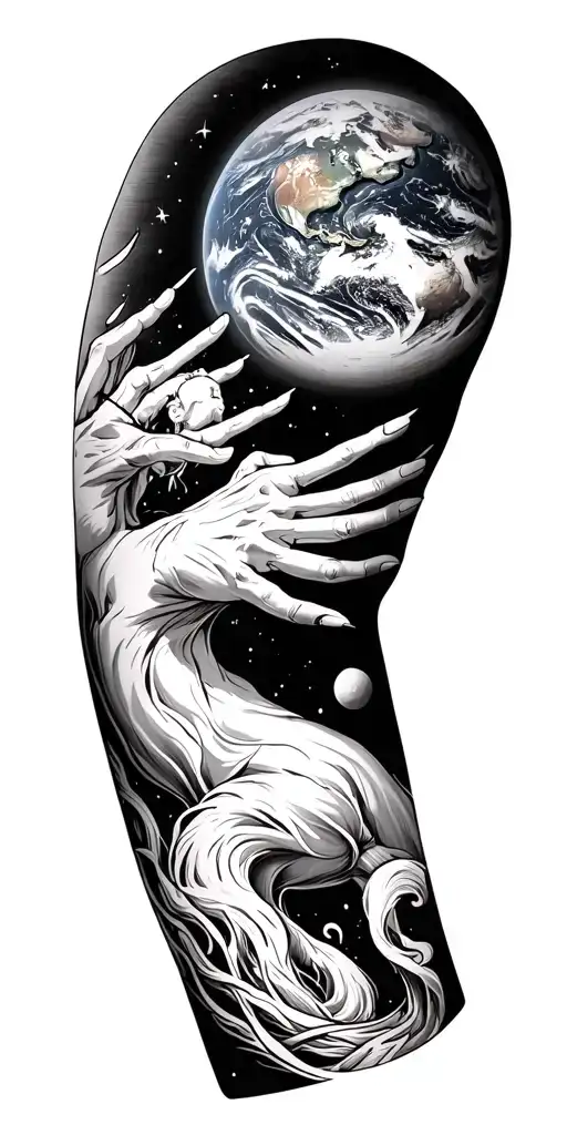 Tattoo for the full arm where the begins of the human being on the planet Earth is represented tattoo design idea