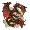 two dragons around a samurai against the background of bloody clouds tattoo design idea