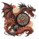 two dragons around a samurai against the background of bloody clouds tattoo design idea