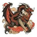 two dragons around a samurai against the background of bloody clouds tattoo design idea