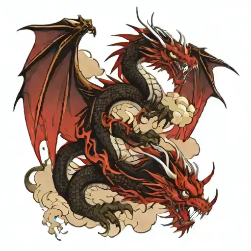 two dragons around a samurai against the background of bloody clouds tattoo design idea