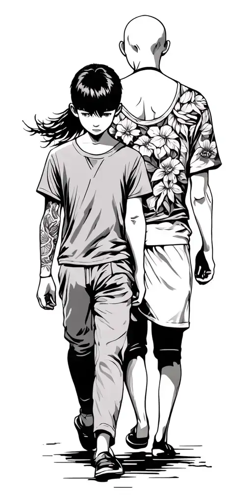 tattoo design black ink boy and dad walking along  dad bald  boy shoulder long hair japeneese garden tattoo design idea