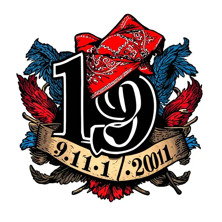 the number "19" colored in with a fainted red bandana and the date "9/11/2001" underneath tattoo design idea