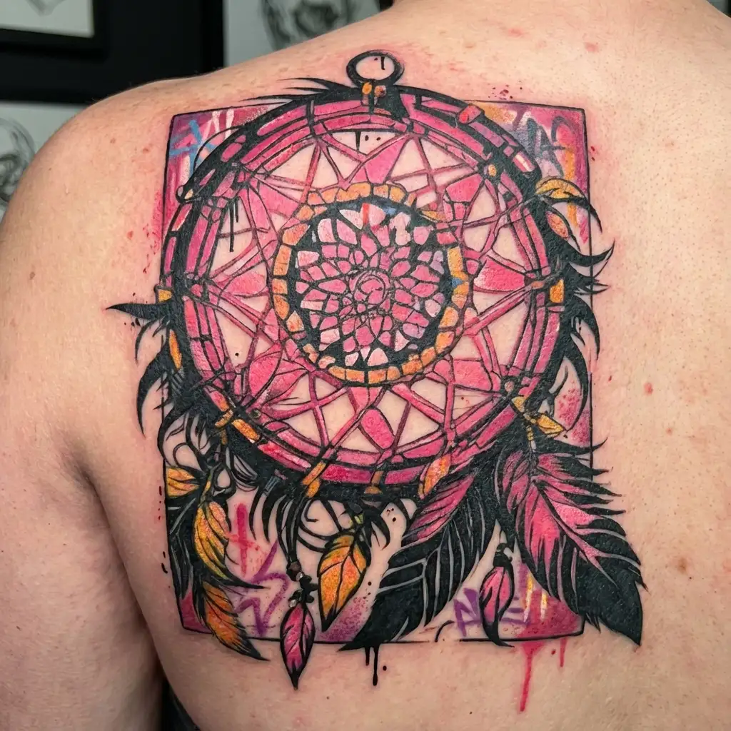Feather Pink Dreamcatcher tattoo design idea