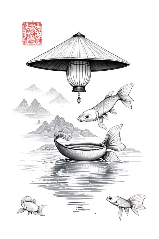 Vietnamese motifs: conical hat (nón lá), lantern, rice terraces, pho noodle soup, chopsticks, two koi fish, beach, starf tattoo design idea