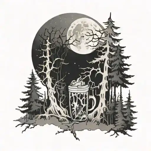 A spooky forest scene with ghostly figures and a full moon shining through the trees, incorporating elements of iced coffee and alcohol drinks tattoo design idea