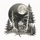 A spooky forest scene with ghostly figures and a full moon shining through the trees, incorporating elements of iced coffee and alcohol drinks tattoo design idea