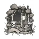 A spooky forest scene with ghostly figures and a full moon shining through the trees, incorporating elements of iced coffee and alcohol drinks tattoo design idea