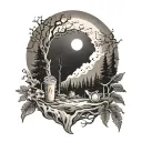 A spooky forest scene with ghostly figures and a full moon shining through the trees, incorporating elements of iced coffee and alcohol drinks tattoo design idea