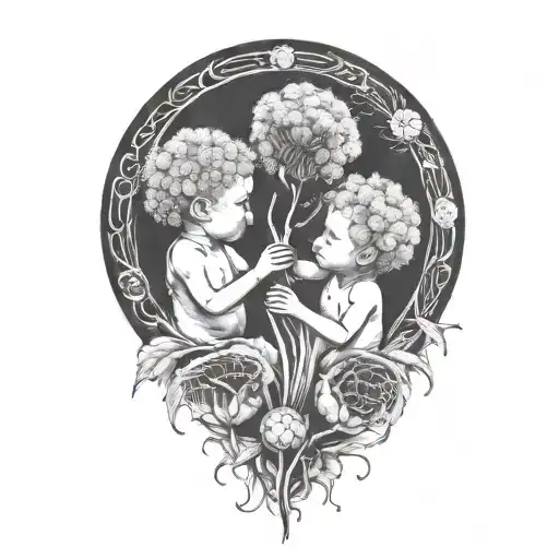 two babies holding unto the root of a big dandelion flower  tattoo design idea