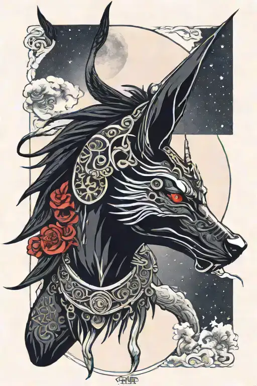 anubis and moon with red accents god of death tattoo design idea