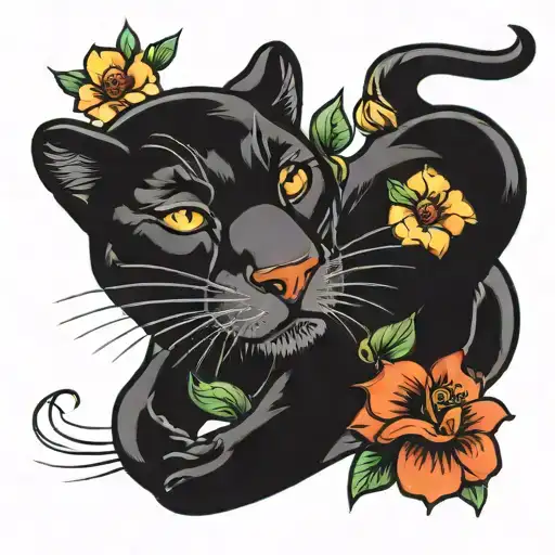 panther with flowers tattoo design idea