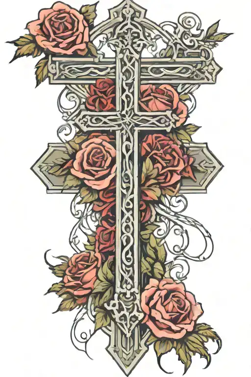 Romans 8:11 on top sacred heart of jesus cross surrounded by roses with thorns tattoo design idea