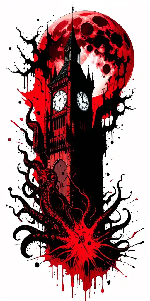 Bloodborne inspired tattoo using the blood moon, astral clocktower and Cthulhu tattoo design idea
