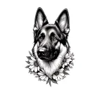 fine line German shepherd dog with flowers tattoo design idea