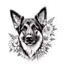 fine line German shepherd dog with flowers tattoo design idea