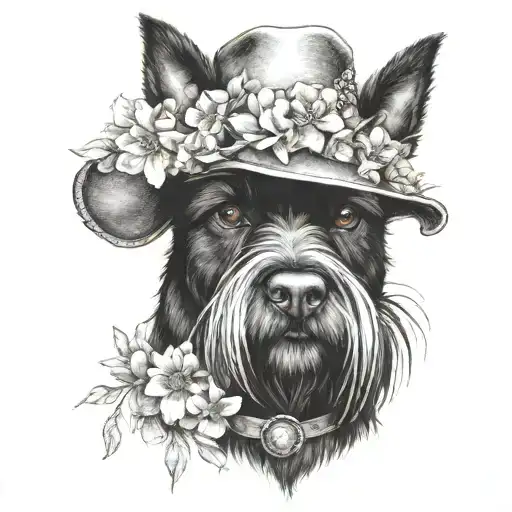 all black schnauzer with cowgirl hat and brown eyes and a collar and flowers looking to the side tattoo design idea