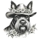 all black schnauzer with cowgirl hat and brown eyes and a collar and flowers looking to the side tattoo design idea