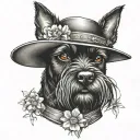 all black schnauzer with cowgirl hat and brown eyes and a collar and flowers looking to the side tattoo design idea