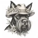 all black schnauzer with cowgirl hat and brown eyes and a collar and flowers looking to the side tattoo design idea