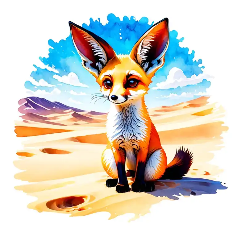 A playful fennec fox in a sunlit desert, glowing sand and big sky. Bold digital style, warm tones, energetic and golden. tattoo design idea