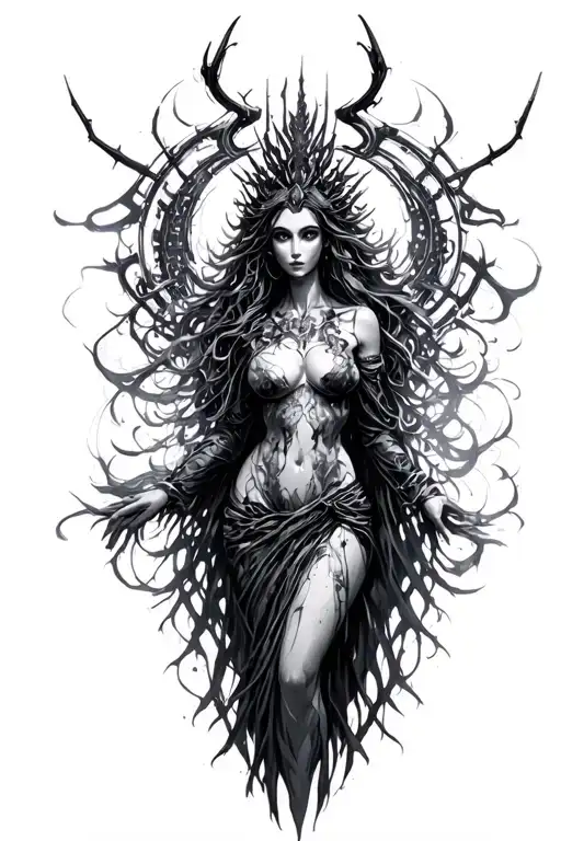 dark art achelois goddess surrounded by cyber sigilism tattoo design idea