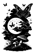 upper left forearm, moon, mushroom, butterfly's, sparkles, Clouds tattoo design idea