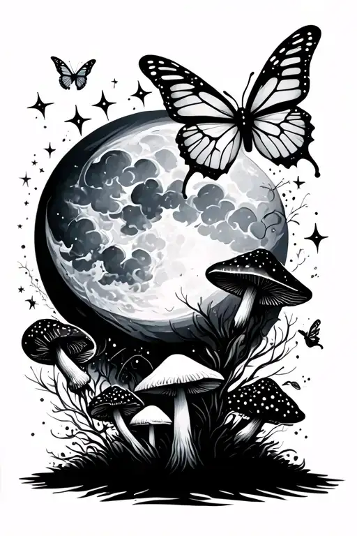 upper left forearm, moon, mushroom, butterfly's, sparkles, Clouds tattoo design idea
