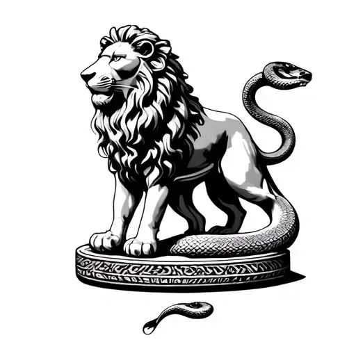 lion, greek statue or god  and snake realism  tattoo design idea
