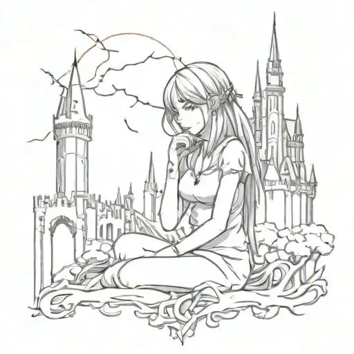 haotic gothic hell curved anime girl with bloodytree castle and made with a lot of roots and eoroghlips cyber sigilism tattoo design idea