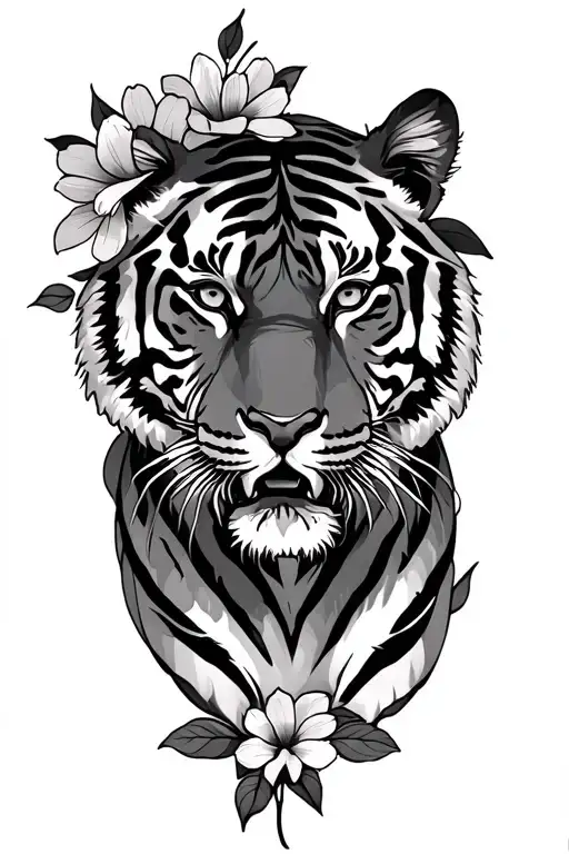 Tiger and flowers tattoo design idea