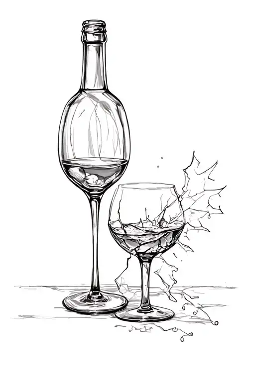 broken wine glass with wine bottle, inspired by Carlas Dreams songs tattoo design idea