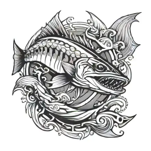 timeline barracuda fish curved tattoo design idea
