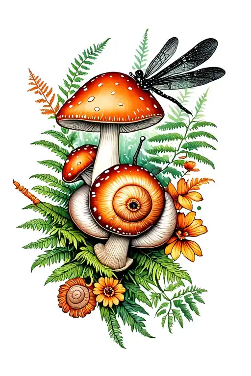 Flowers, mushrooms, dragonfly, snail, ferns, Forrest vibe, vintage colors tattoo design idea