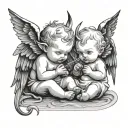 Two baby angels one of them is a demon holding a sickle and has horns and devil wings the other  tattoo design idea