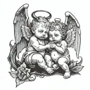 Two baby angels one of them is a demon holding a sickle and has horns and devil wings the other  tattoo design idea