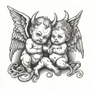 Two baby angels one of them is a demon holding a sickle and has horns and devil wings the other  tattoo design idea