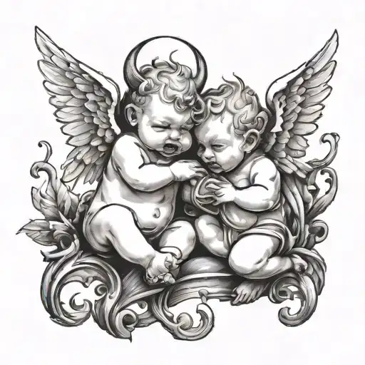 Two baby angels one of them is a demon holding a sickle and has horns and devil wings the other  tattoo design idea